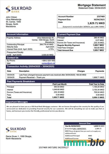 Macedonia Północna Silk Road Bank wyciąg z kredytu hipotecznego szablon Word i PDF